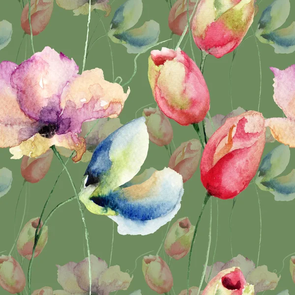 Bezešvé Pattern Tulipány Sweet Pea Květiny Akvarel Illustratio — Stock fotografie