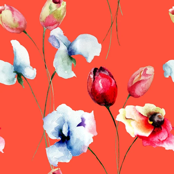 Naadloze Patroon Met Tulpen Papaver Sweet Pea Bloemen Aquarel Illustratio — Stockfoto