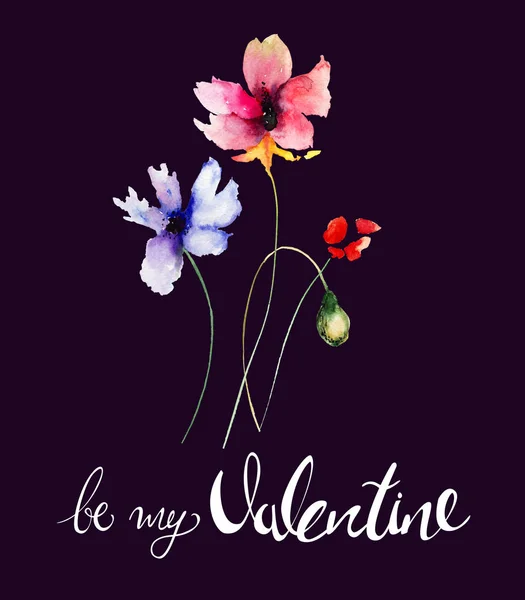 Stiliserade Gerber Blommor Med Titeln Vara Min Valentine Akvarell Illustratio — Stockfoto