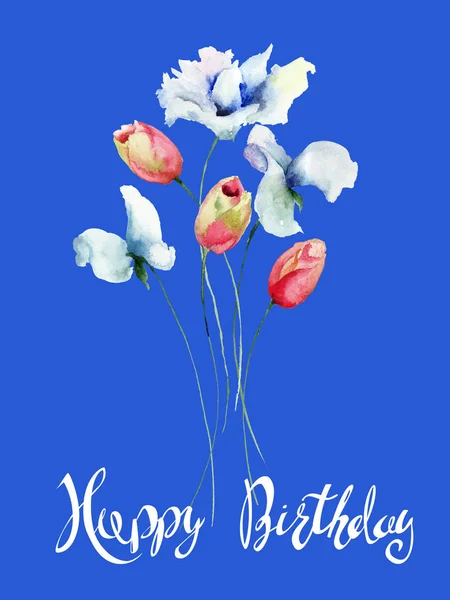 Tulips and Sweet pea flowers with title Happy Birthday, watercolor illustration, Template for greeting card with calligraph