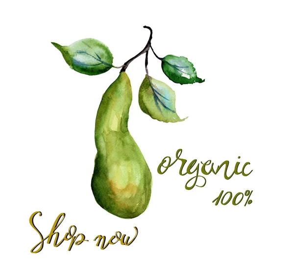 Akvarelu Ilustrace Hrušek Titul Organických Nakupovat — Stock fotografie