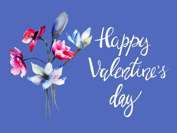 Gestileerde Bloemen Aquarel Illustratie Met Titel Happy Valentines Day Sjabloon — Stockfoto