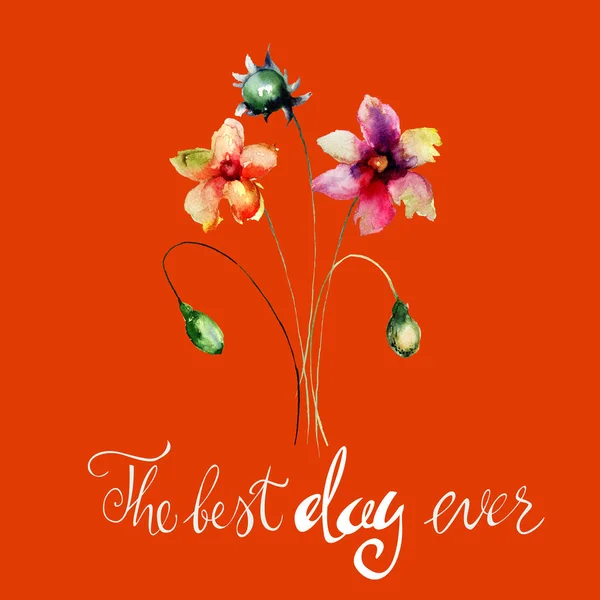 Όμορφα Λουλούδια Ακουαρέλα Εικονογράφηση Τίτλο Καλύτερη Ημέρα Ποτέ Ζωγραφισμένα Στο — Φωτογραφία Αρχείου