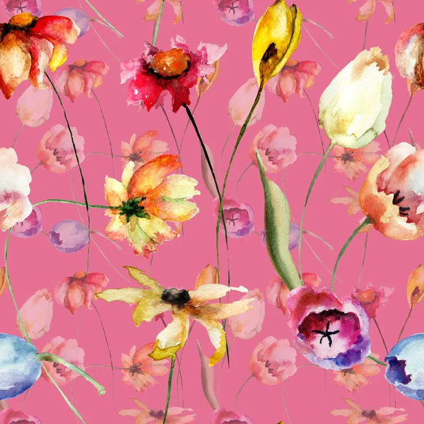 Vzor Bezešvé Tulipány Gerber Květiny Akvarel Ilustrace Dlaždice Pro Tapety — Stock fotografie