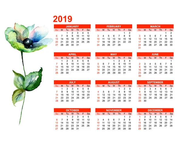 Template Calendar 2019 Gerber Flowers Watercolor Illustratio — Stock Photo, Image