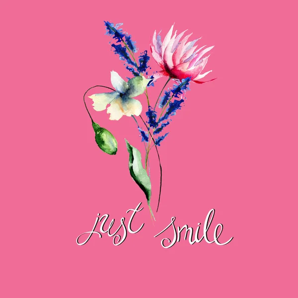 Стилізовані Квіти Акварельна Ілюстрація Назвою Просто Посмішка Шаблон Вітальної Листівки — стокове фото