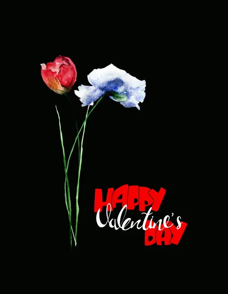 Цветочная Акварельная Иллюстрация Названием Днем Святого Валентина Шаблон Поздравительной Открытки — стоковое фото
