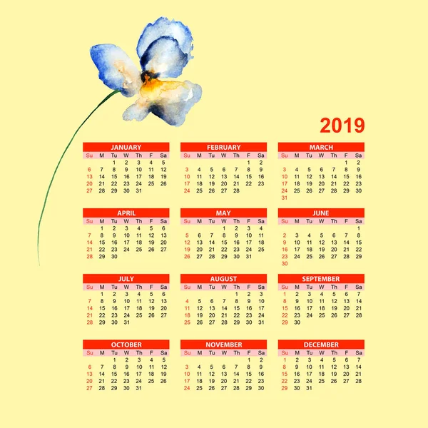 Blaues Stiefmütterchen Mit Vorlage Für Kalender 2019 Aquarell Illustratio — Stockfoto