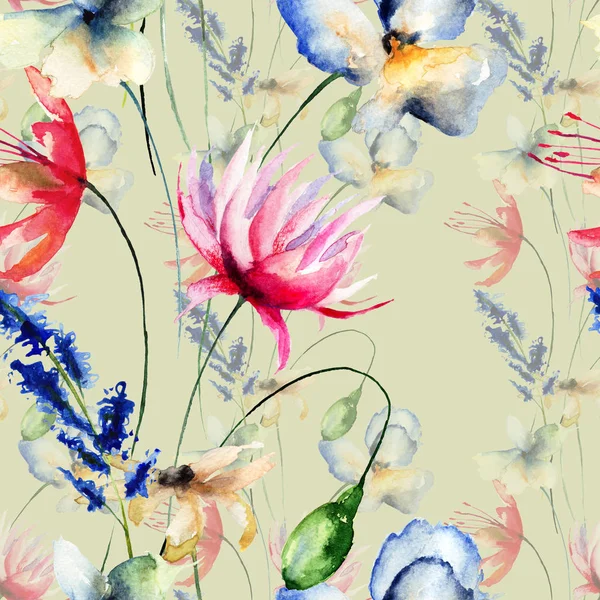 Bezszwowe Tapeta Dzikich Kwiatów Akwarela Wektor — Zdjęcie stockowe