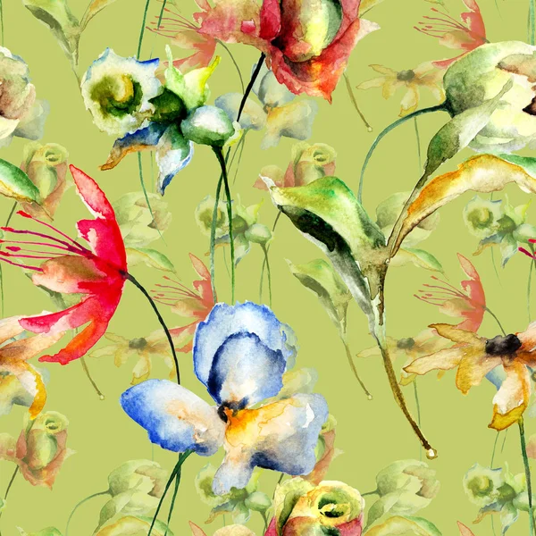 花のシームレスなパターン 水彩イラストの壁紙または Fabri タイル — ストック写真