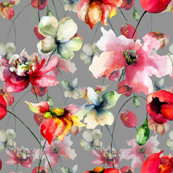 Çiçekler Suluboya Resim Ile Sorunsuz Duvar Kağıdı Duvar Kağıdı Veya — Stok fotoğraf
