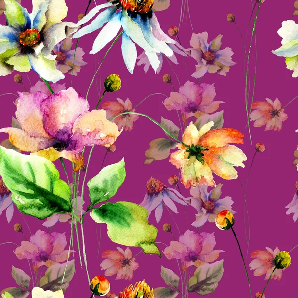 Modello Senza Cuciture Con Fiori Estivi Originali Illustrazione Acquerello Piastrelle — Foto Stock