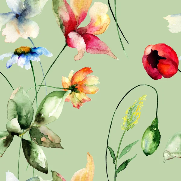 Seamless Modeli Özgün Çiçeklerle Suluboya Resim Duvar Kağıdı Veya Fabri — Stok fotoğraf