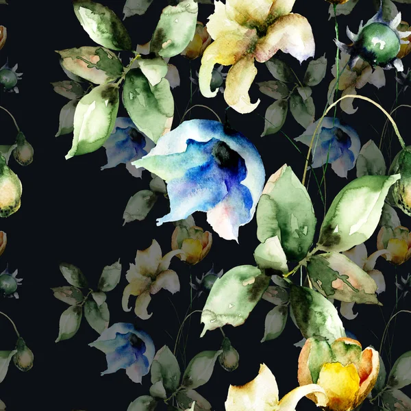 Seamless Wallpaper Beautiful Flowers Watercolor Illustration Tile Wallpaper Fabri — Stock Photo, Image