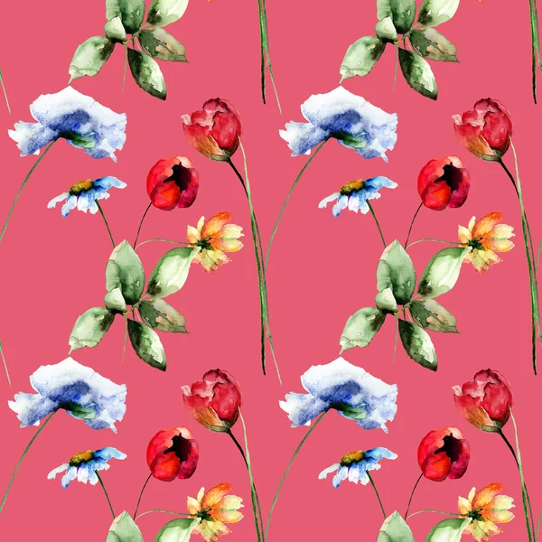 Wzór Stylizowane Dzikich Kwiatów Akwarela Ilustracja Kafelek Tapeta Lub Fabri — Zdjęcie stockowe