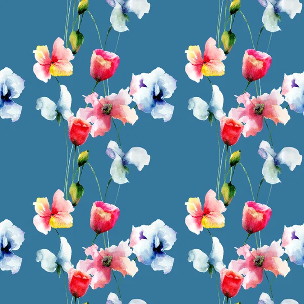 Seamless Pattern Beautiful Flowers Watercolor Painting Tile Wallpaper Fabri — Stock Photo, Image