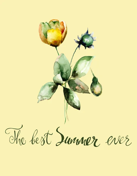 Lindas Flores Com Título Melhor Verão Sempre Ilustração Aquarela Modelo — Fotografia de Stock