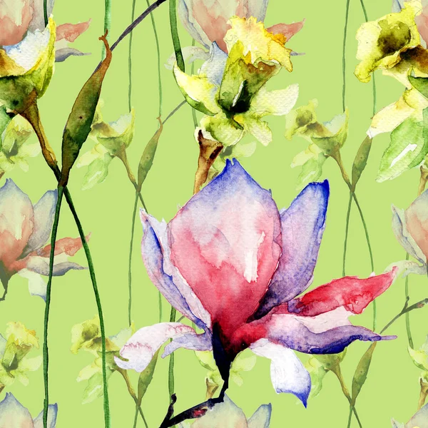 Modèle Sans Couture Avec Belles Fleurs Magnolia Narcisse Illustration Aquarelle — Photo