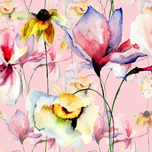 Papier Peint Sans Couture Avec Des Fleurs Illustration Aquarelle — Photo