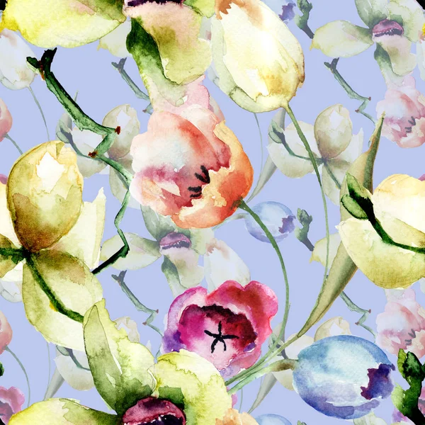 Modello Senza Cuciture Con Fiori Orchidea Tulipani Illustrazione Acquerello — Foto Stock