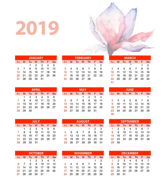 Sjabloon Voor Kalender 2019 Met Mooie Bloemen Van Magnolia Aquarel — Stockfoto