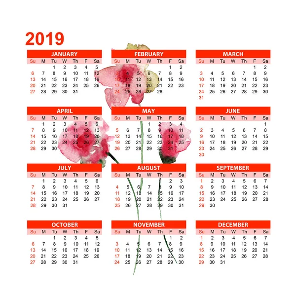 Modelo Para Calendário 2019 Com Flores Verão Estilizadas Watercolor Illustratio — Fotografia de Stock