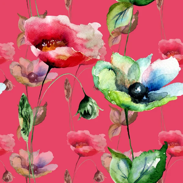 Haşhaş Gerber Çiçekler Sulu Boya Illustratio Ile Seamless Modeli — Stok fotoğraf