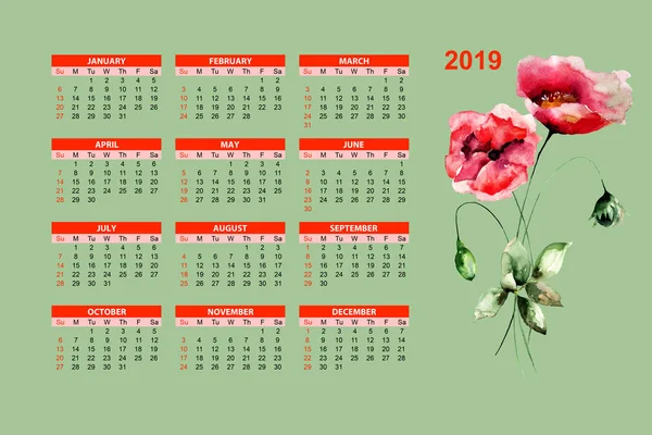 Modello Calendario 2019 Con Fiori Papavero Stilizzati Illustratio Acquerello — Foto Stock
