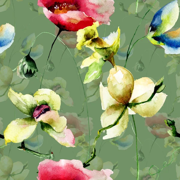 Özgün Çiçekler Sulu Boya Illustratio Ile Seamless Modeli — Stok fotoğraf