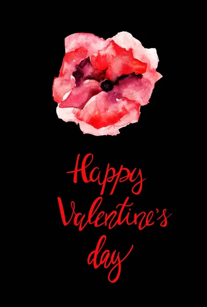 Rote Blume Mit Titel Glücklicher Valentinstag Aquarell Illustratio — Stockfoto