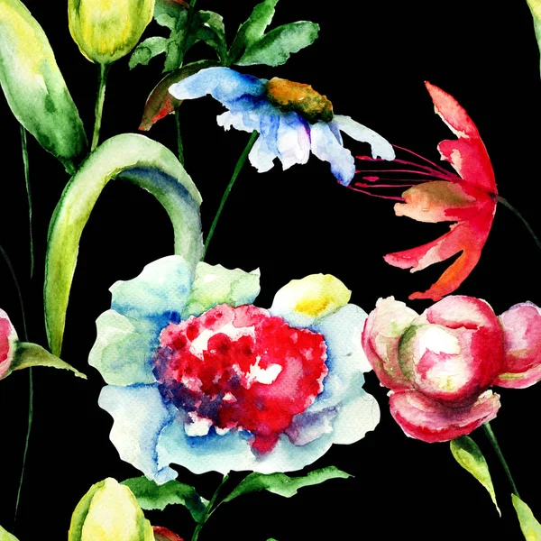 Motif Sans Couture Avec Des Fleurs Originales Illustration Aquarelle — Photo