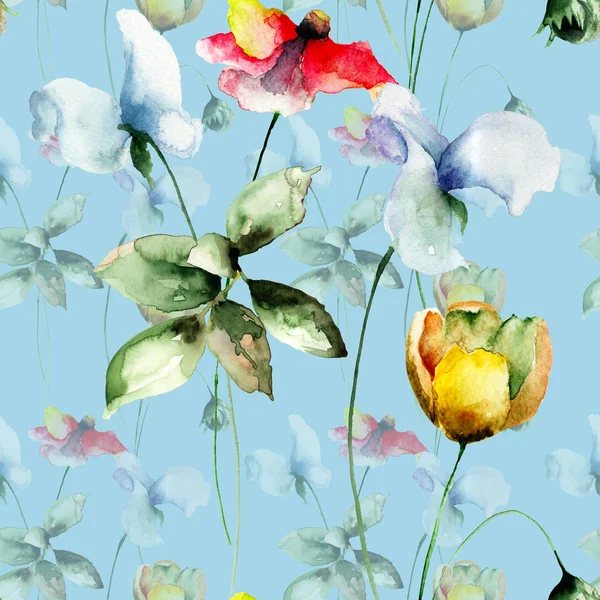 Wzór Stylizowane Kwiaty Akwarela Ilustracja Dachówka Tapetę Lub Fabri — Zdjęcie stockowe