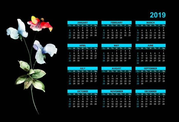 Modelo Para Calendário 2019 Com Flores Estilizadas Watercolor Illustratio — Fotografia de Stock