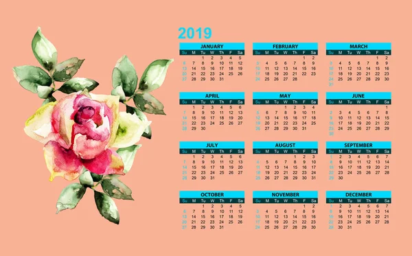 Red Peony Bloem Met Sjabloon Voor Kalender 2019 Aquarel Illustratio — Stockfoto