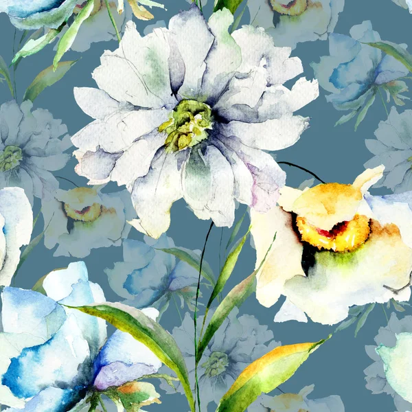 Seamless Pattern Summer Flowers Watercolor Illustration — Stock Photo, Image