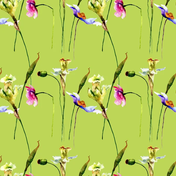 Wzór Stylizowane Dzikie Kwiaty Akwarela Ilustracja — Zdjęcie stockowe