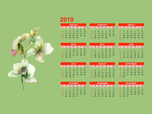 模板的日历2019与风格化的兰花花 水彩图案 — 图库照片