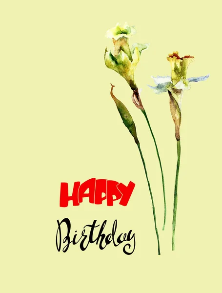 Narzissenblumen Mit Titel Herzlichen Glückwunsch Zum Geburtstag Aquarell Illustration Handgezeichneter — Stockfoto