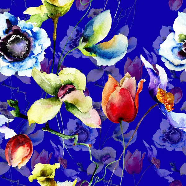 Fondo Pantalla Sin Costuras Con Flores Ilustración Acuarela —  Fotos de Stock