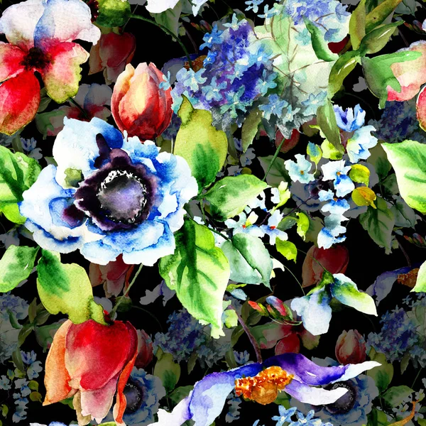 Motif Sans Couture Avec Fleurs Printemps Stylisées Illustration Aquarelle — Photo