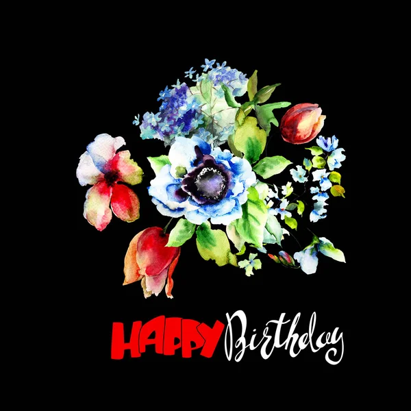 Stilisierte Frühlingsblumen Mit Titel Happy Birthday Aquarell Illustratio — Stockfoto