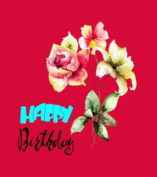 Stiliserade Blommor Akvarell Illustration Med Titeln Happy Birthday Holiday Card — Stockfoto