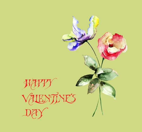 Original Sommerblumen Mit Dem Titel Happy Valentines Day Aquarell Illustratio — Stockfoto