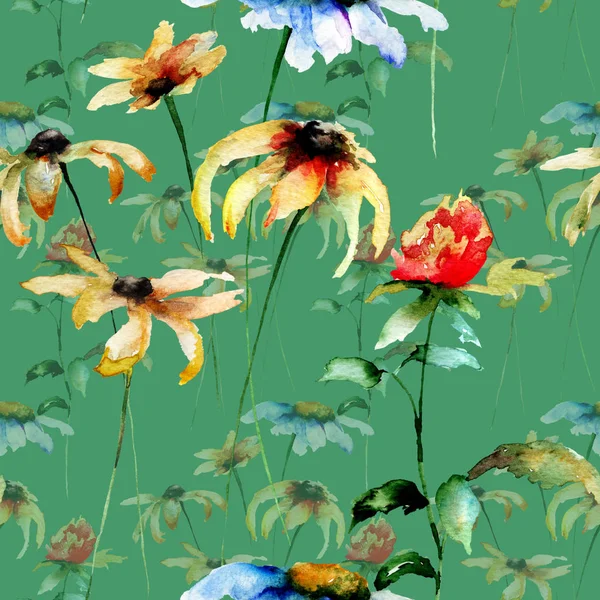 Seamless Pattern Gerbera Flowers Watercolor Illustration Tile Wallpaper Fabri — Stock Photo, Image