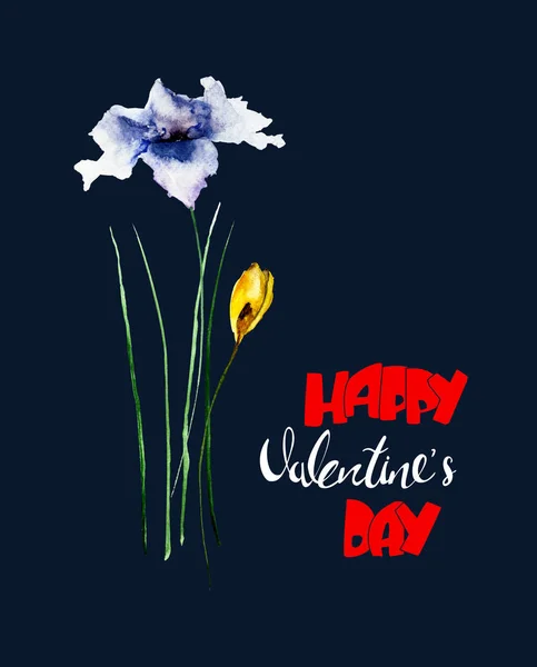 Όμορφα Λουλούδια Τίτλο Happy Ημέρα Του Αγίου Βαλεντίνου Ακουαρέλα Εικονογράφηση — Φωτογραφία Αρχείου