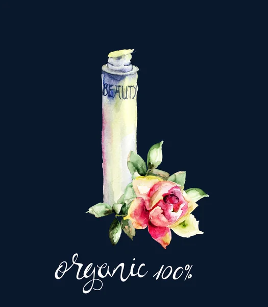 Akwarela Ilustracja Kosmetyk Kontenera Tytułu Organicznych — Zdjęcie stockowe