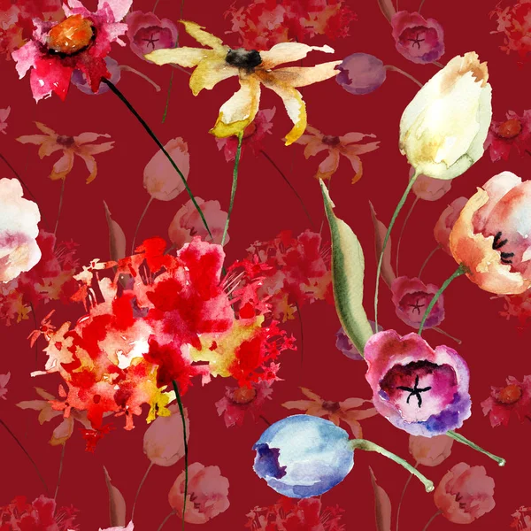 Seamless Pattern Original Flowers Watercolor Illustration Tile Wallpaper Fabri — Stock Photo, Image