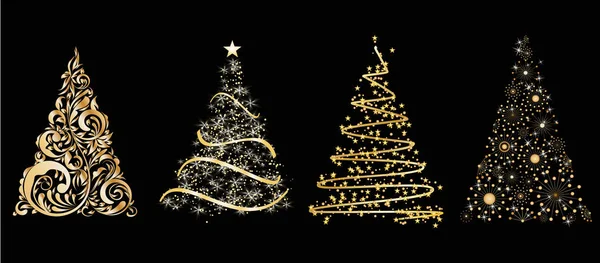 Verzameling van goud gestileerde kerstboom op zwarte achtergrond — Stockfoto