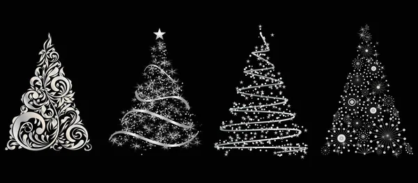 Sada stříbrných stylizovaný vánoční strom na černém pozadí — Stock fotografie