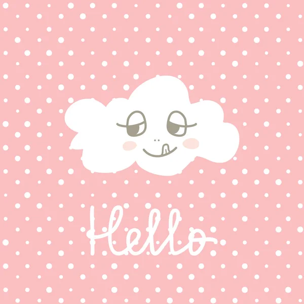 Carino Happy Cloud cartone animato su fondo pentole a pois . — Vettoriale Stock